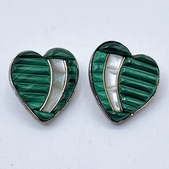 Jay King DTR Mine Finds 925 Sterling Silver Malachite & MOP Heart Post Earrings - Picture 2 of 9